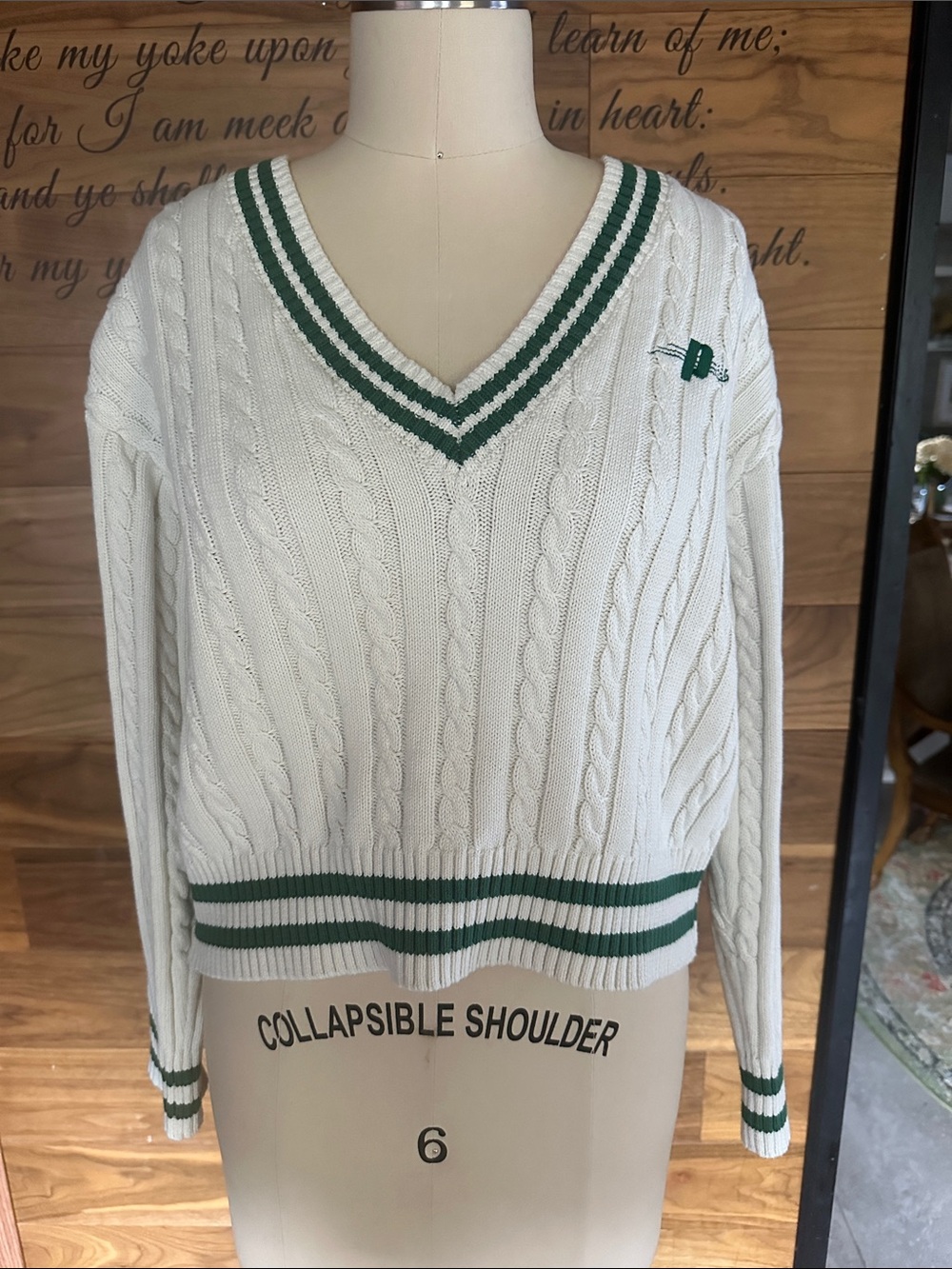 Prince Pickleball 100% Cotton Preppy White & Green Cable Knit VNeck Sweater NWOT